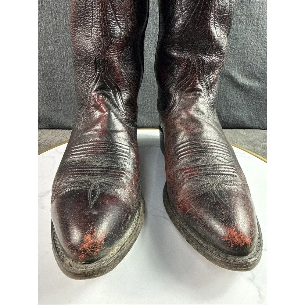 Vintage Dan Post Burgundy Red Black Leather Cowboy Boots 7M Women Western Rodeo